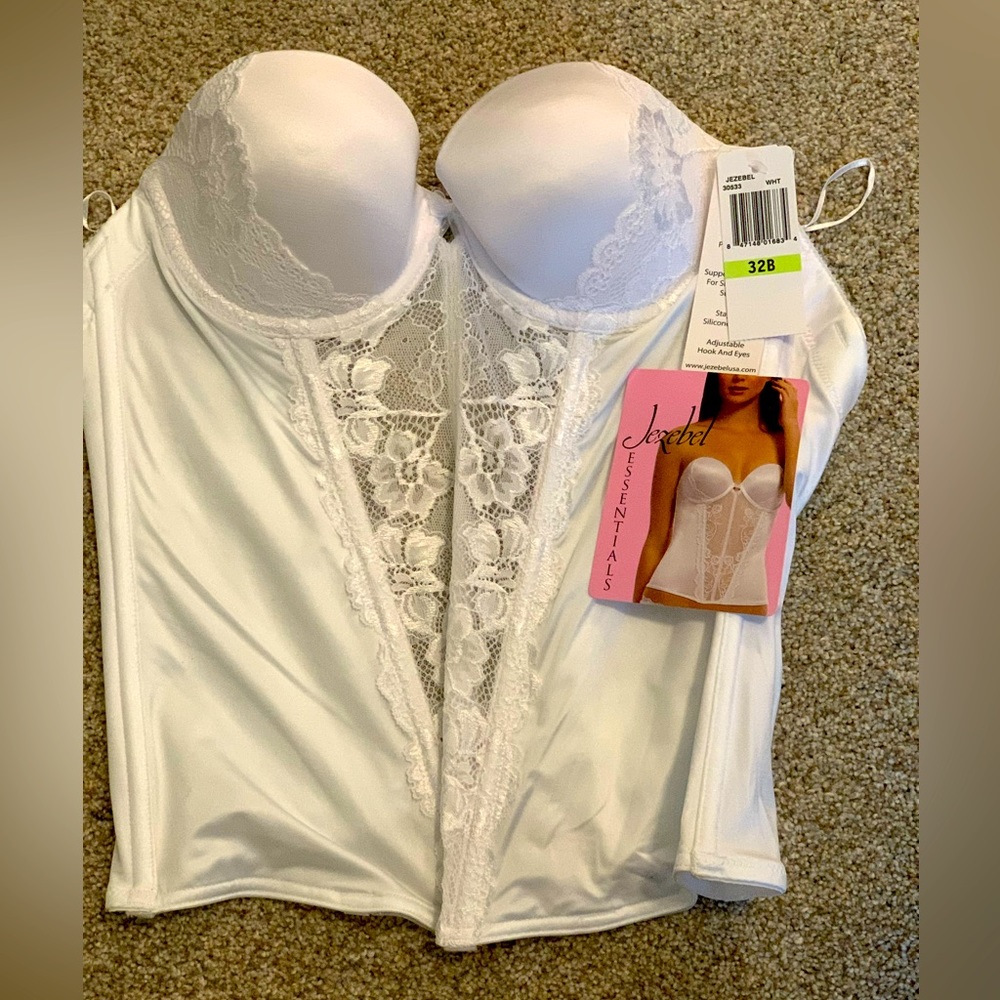 NEW Jezebel Womens Lace Bridal Corset Bustier Size 32B White Gel Push Up Pads